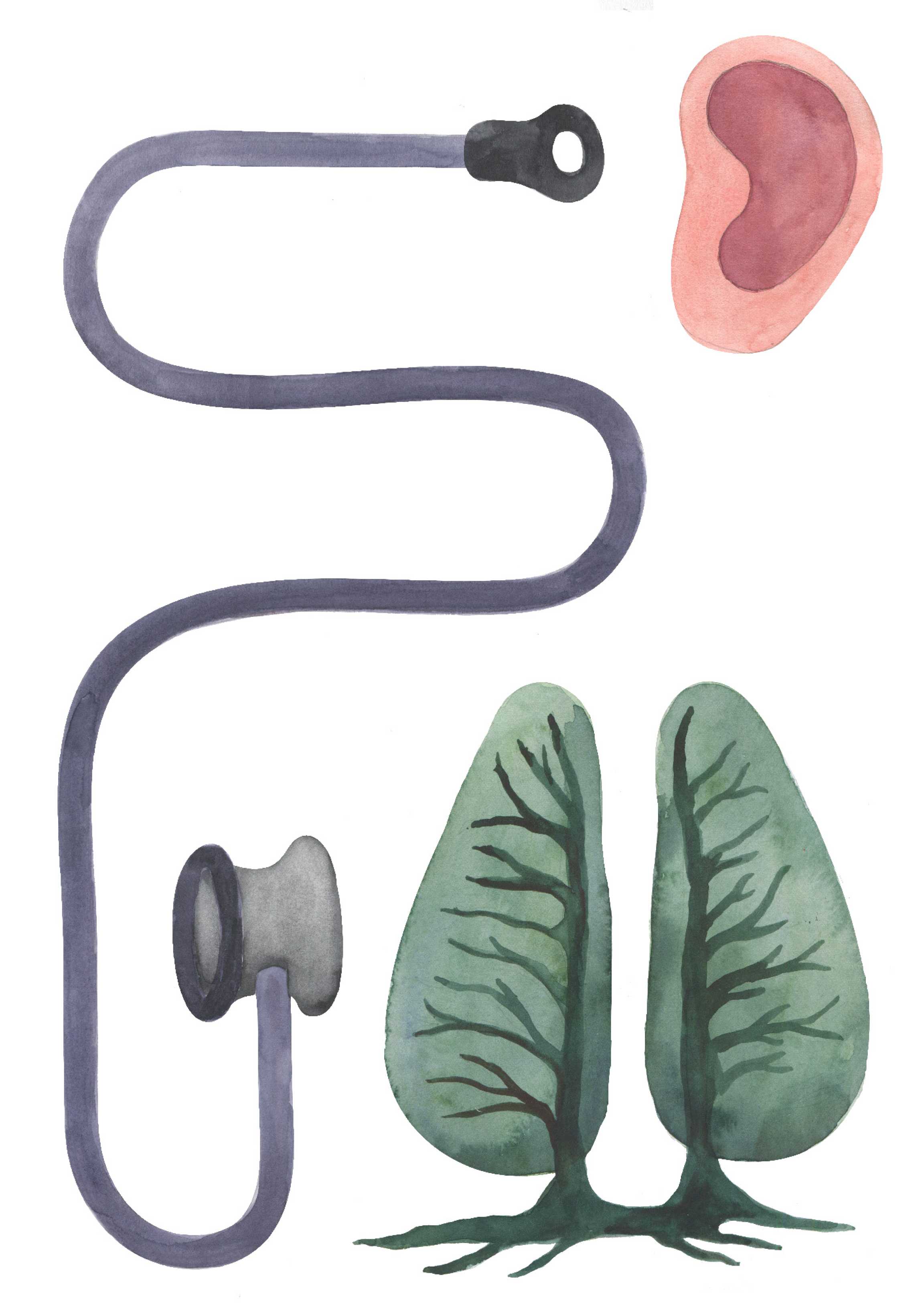 Målning av öra, stetoskop och träd